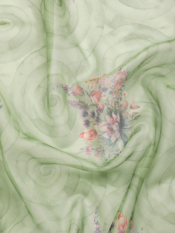 Green Kanjeevaram Silk Digital Print Floral Saree with Unstitched Blouse - Hiral Fashion