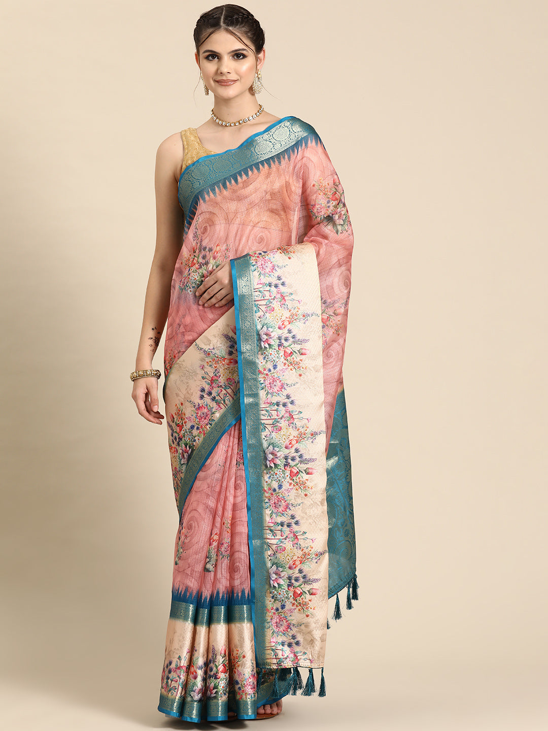 Pink Kanjeevaram Silk Digital Print Floral Saree with Unstitched Blouse - Hiral Fashion