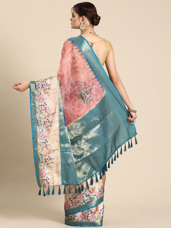 Pink Kanjeevaram Silk Digital Print Floral Saree with Unstitched Blouse - Hiral Fashion