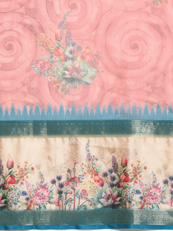 Pink Kanjeevaram Silk Digital Print Floral Saree with Unstitched Blouse - Hiral Fashion