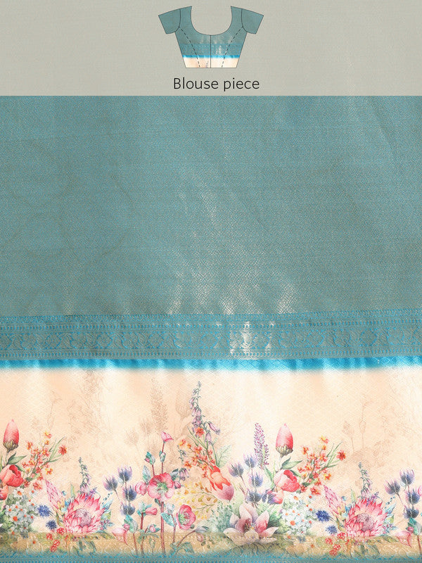 Pink Kanjeevaram Silk Digital Print Floral Saree with Unstitched Blouse - Hiral Fashion