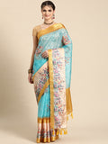 Sky Blue Kanjeevaram Silk Digital Print Floral Saree with Unstitched Blouse - Hiral Fashion