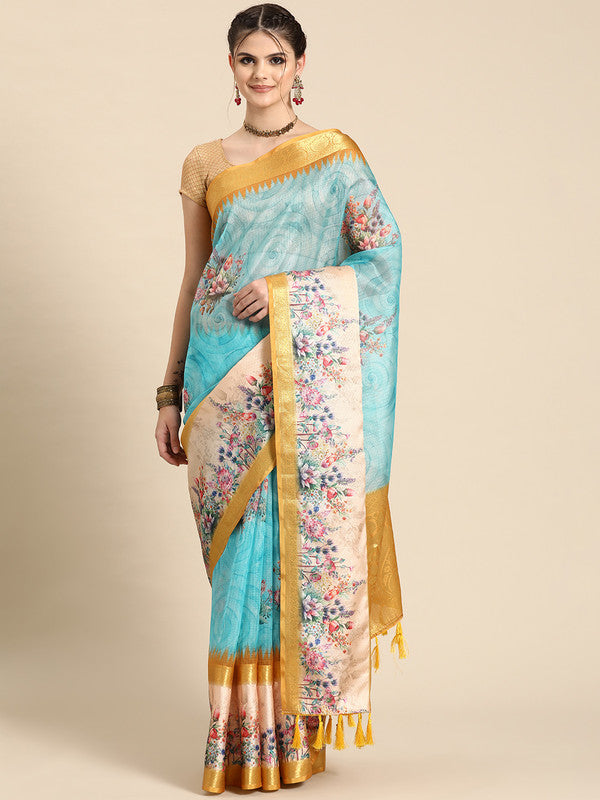 Sky Blue Kanjeevaram Silk Digital Print Floral Saree with Unstitched Blouse - Hiral Fashion