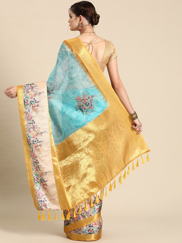 Sky Blue Kanjeevaram Silk Digital Print Floral Saree with Unstitched Blouse - Hiral Fashion