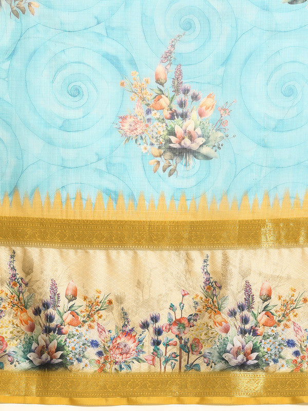 Sky Blue Kanjeevaram Silk Digital Print Floral Saree with Unstitched Blouse - Hiral Fashion