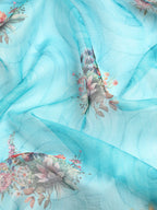 Sky Blue Kanjeevaram Silk Digital Print Floral Saree with Unstitched Blouse - Hiral Fashion