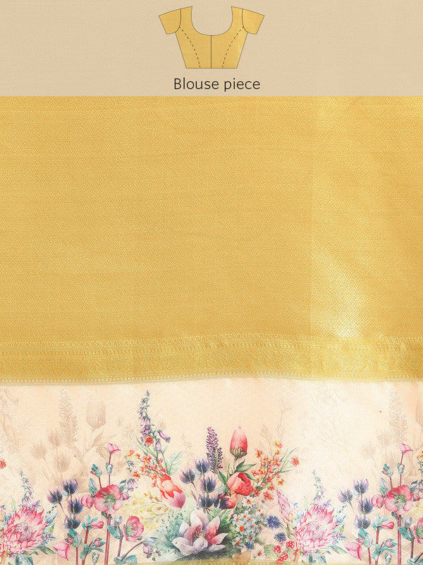 Sky Blue Kanjeevaram Silk Digital Print Floral Saree with Unstitched Blouse - Hiral Fashion