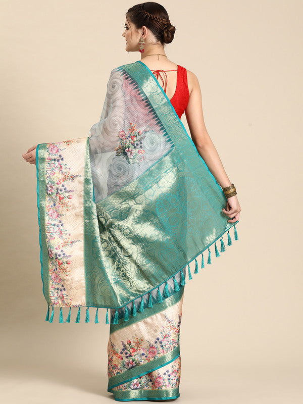 Turquoise Kanjeevaram Silk Digital Print Floral Saree with Unstitched Blouse - Hiral Fashion