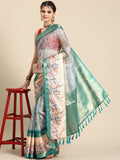 Turquoise Kanjeevaram Silk Digital Print Floral Saree with Unstitched Blouse - Hiral Fashion
