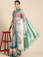 Turquoise Kanjeevaram Silk Digital Print Floral Saree with Unstitched Blouse - Hiral Fashion