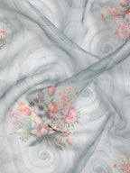 Turquoise Kanjeevaram Silk Digital Print Floral Saree with Unstitched Blouse - Hiral Fashion