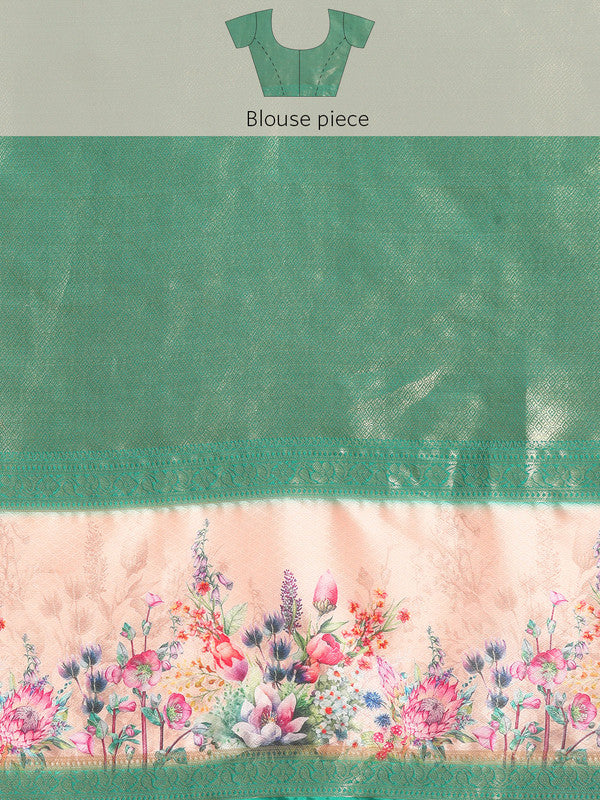 Turquoise Kanjeevaram Silk Digital Print Floral Saree with Unstitched Blouse - Hiral Fashion