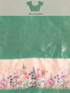 Turquoise Kanjeevaram Silk Digital Print Floral Saree with Unstitched Blouse - Hiral Fashion