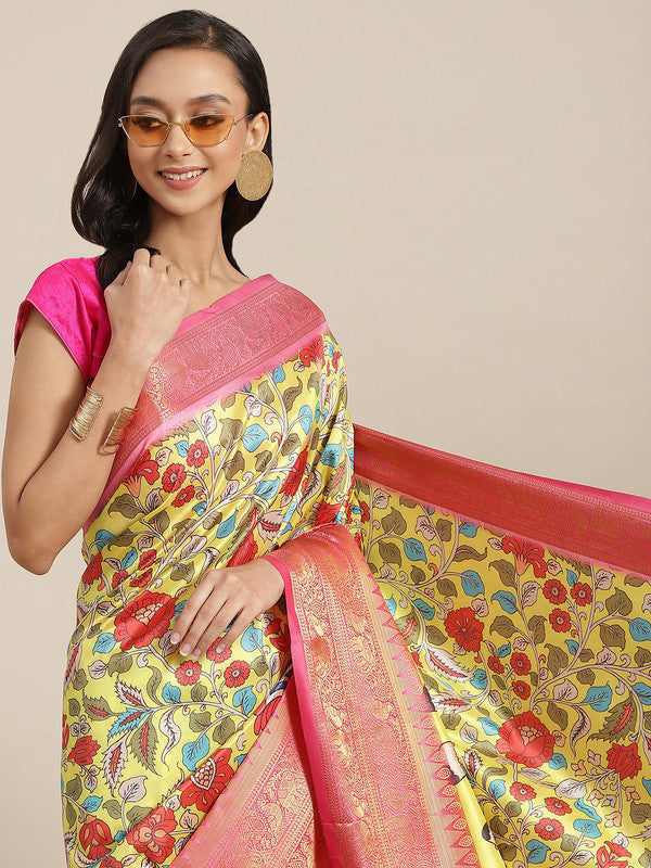 Green Art Silk Digital Print Floral Saree with Unstitched Blouse - Hiral Fashion