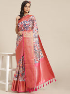 White Art Silk Digital Print Floral Saree with Unstitched Blouse - Hiral Fashion