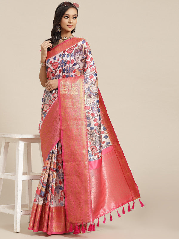 White Art Silk Digital Print Floral Saree with Unstitched Blouse - Hiral Fashion