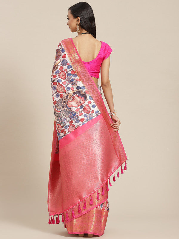 White Art Silk Digital Print Floral Saree with Unstitched Blouse - Hiral Fashion