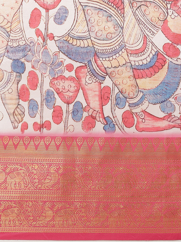White Art Silk Digital Print Floral Saree with Unstitched Blouse - Hiral Fashion