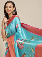 Turquoise Art Silk Digital Print Floral Saree with Unstitched Blouse - Hiral Fashion
