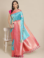 Turquoise Art Silk Digital Print Floral Saree with Unstitched Blouse - Hiral Fashion