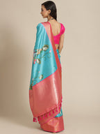 Turquoise Art Silk Digital Print Floral Saree with Unstitched Blouse - Hiral Fashion
