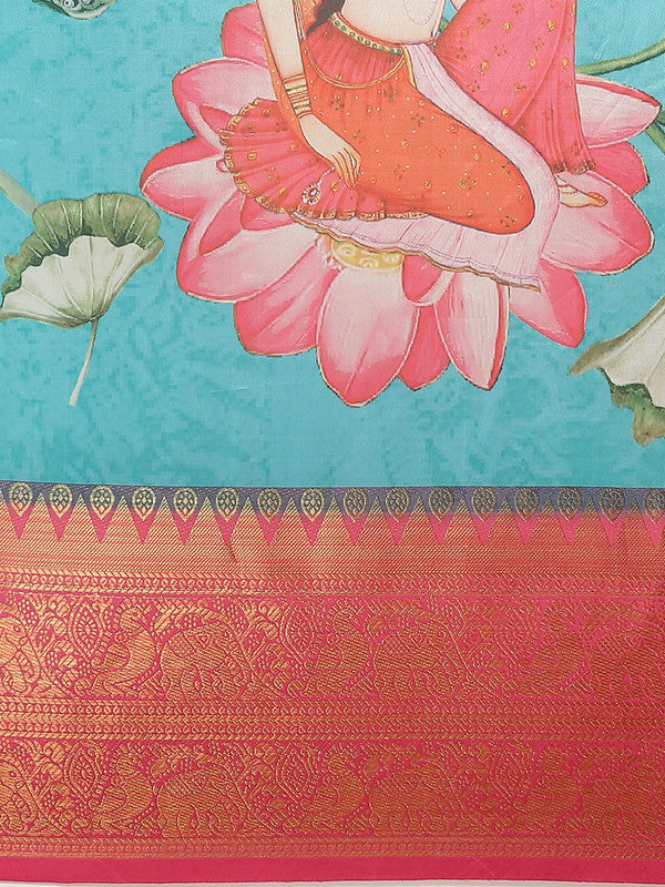 Turquoise Art Silk Digital Print Floral Saree with Unstitched Blouse - Hiral Fashion
