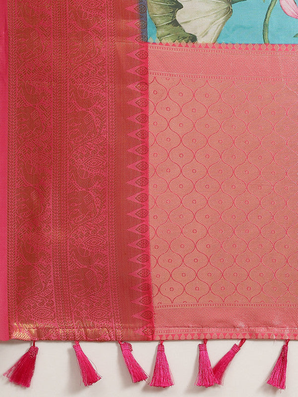 Turquoise Art Silk Digital Print Floral Saree with Unstitched Blouse - Hiral Fashion