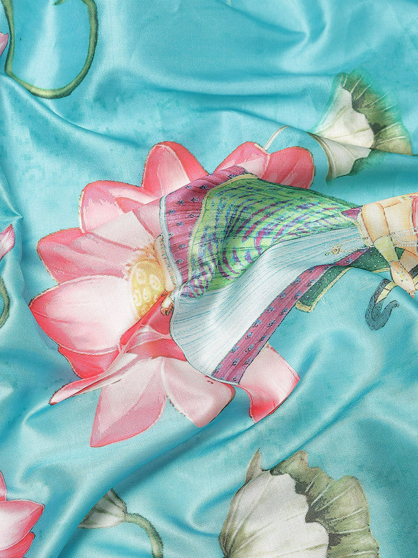 Turquoise Art Silk Digital Print Floral Saree with Unstitched Blouse - Hiral Fashion