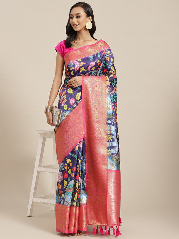 Navy Blue Art Silk Digital Print Floral Saree with Unstitched Blouse - Hiral Fashion