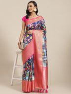 Navy Blue Art Silk Digital Print Floral Saree with Unstitched Blouse - Hiral Fashion