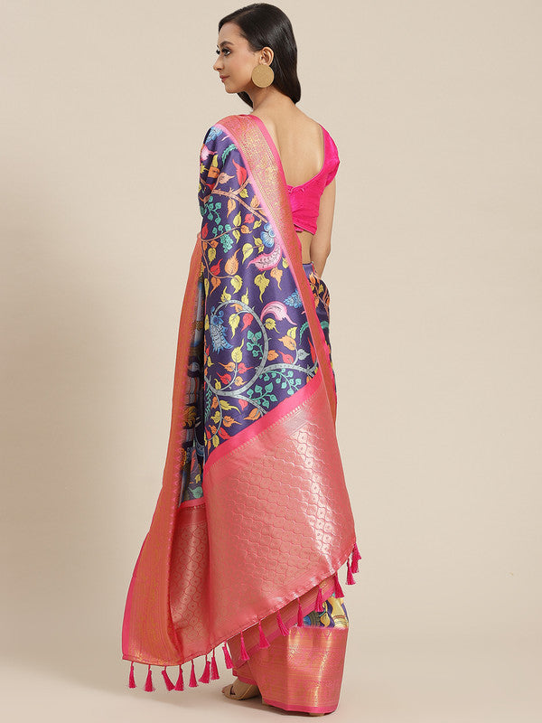 Navy Blue Art Silk Digital Print Floral Saree with Unstitched Blouse - Hiral Fashion