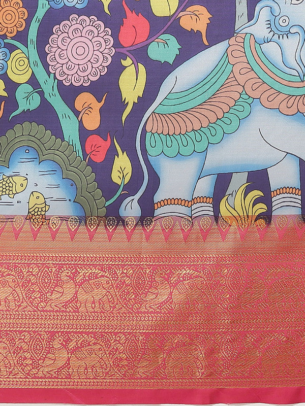 Navy Blue Art Silk Digital Print Floral Saree with Unstitched Blouse - Hiral Fashion