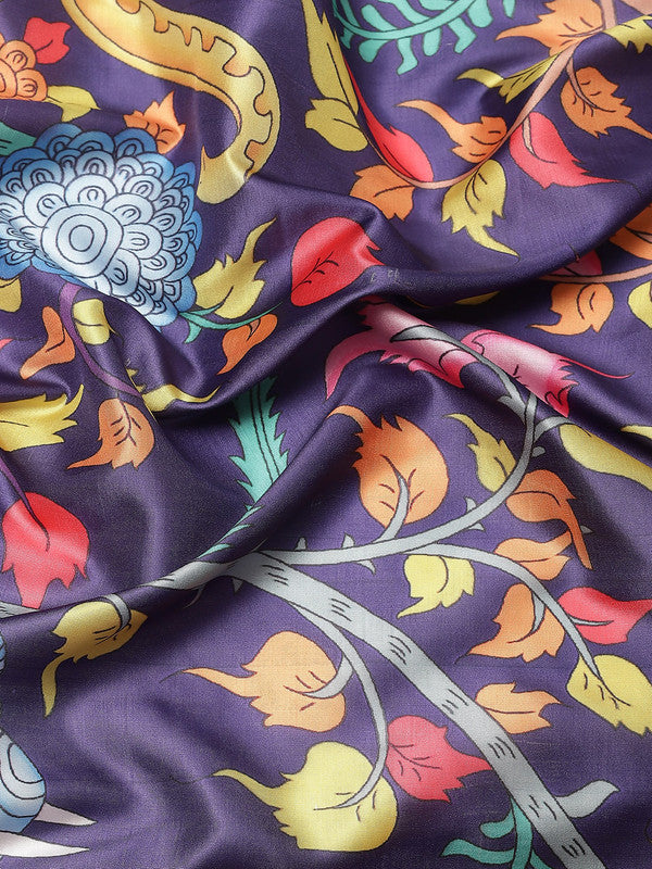 Navy Blue Art Silk Digital Print Floral Saree with Unstitched Blouse - Hiral Fashion