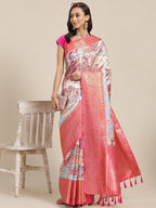 Blue Art Silk Digital Print Floral Saree with Unstitched Blouse - Hiral Fashion