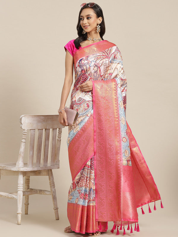 Blue Art Silk Digital Print Floral Saree with Unstitched Blouse - Hiral Fashion