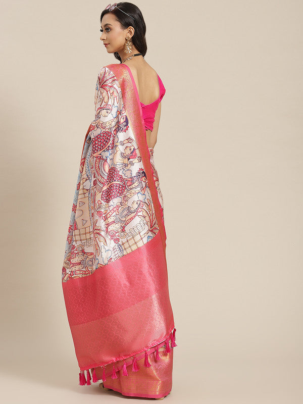 Blue Art Silk Digital Print Floral Saree with Unstitched Blouse - Hiral Fashion