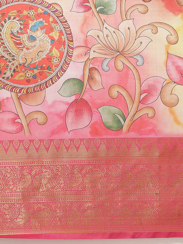 Pink Art Silk Digital Print Floral Saree with Unstitched Blouse - Hiral Fashion
