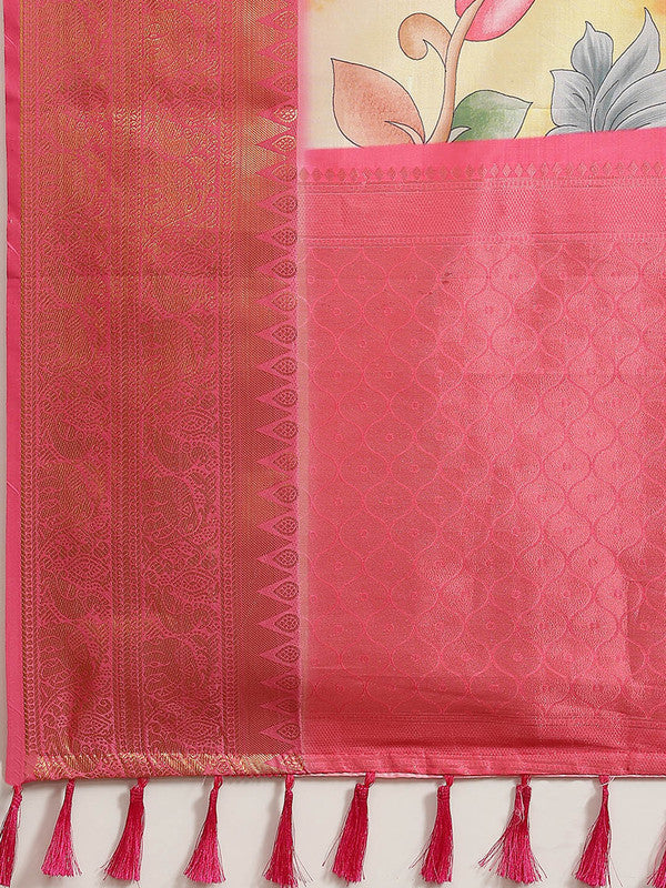 Pink Art Silk Digital Print Floral Saree with Unstitched Blouse - Hiral Fashion