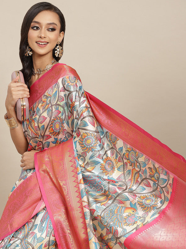 Multicolor Art Silk Digital Print Floral Saree with Unstitched Blouse - Hiral Fashion