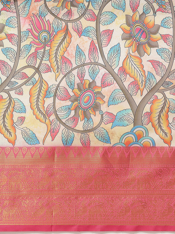 Multicolor Art Silk Digital Print Floral Saree with Unstitched Blouse - Hiral Fashion