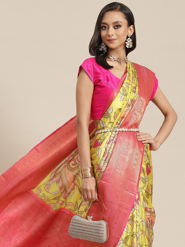 Green Art Silk Digital Print Floral Saree with Unstitched Blouse - Hiral Fashion