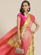 Green Art Silk Digital Print Floral Saree with Unstitched Blouse - Hiral Fashion