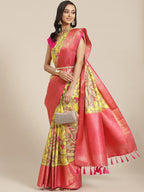 Green Art Silk Digital Print Floral Saree with Unstitched Blouse - Hiral Fashion