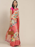 Off White Art Silk Digital Print Floral Saree with Unstitched Blouse - Hiral Fashion
