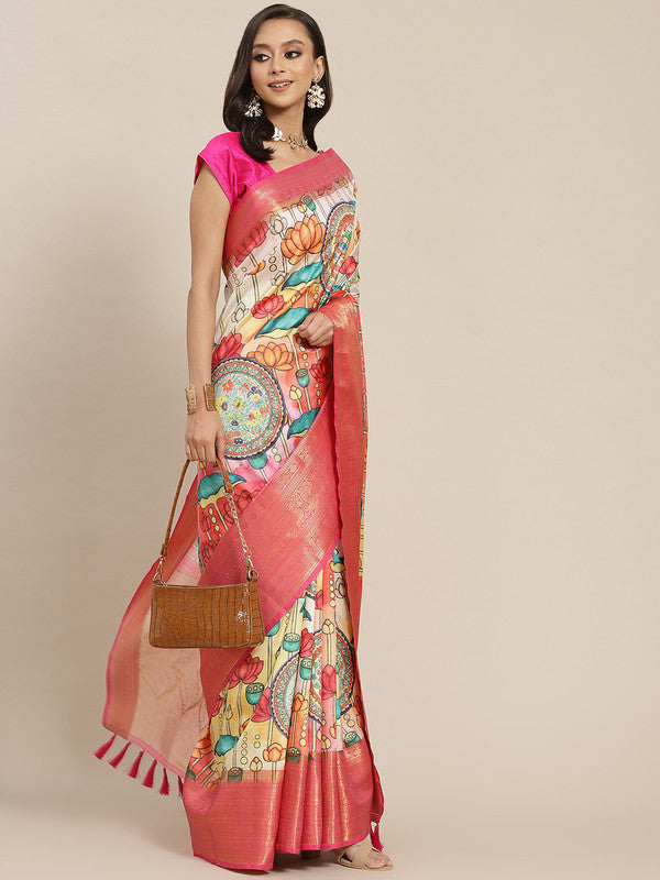 Off White Art Silk Digital Print Floral Saree with Unstitched Blouse - Hiral Fashion
