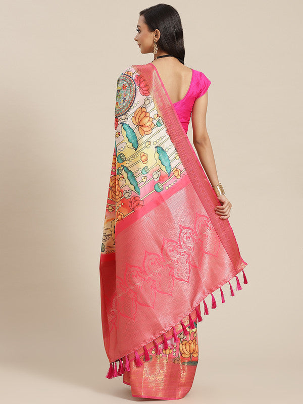 Off White Art Silk Digital Print Floral Saree with Unstitched Blouse - Hiral Fashion