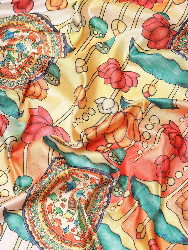 Off White Art Silk Digital Print Floral Saree with Unstitched Blouse - Hiral Fashion