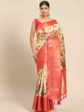 Beige Art Silk Printed Kalamkari Saree with Unstitched Blouse - Hiral Fashion