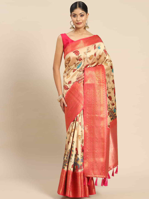 Beige Art Silk Printed Kalamkari Saree with Unstitched Blouse - Hiral Fashion