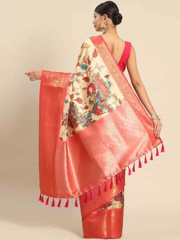 Beige Art Silk Printed Kalamkari Saree with Unstitched Blouse - Hiral Fashion